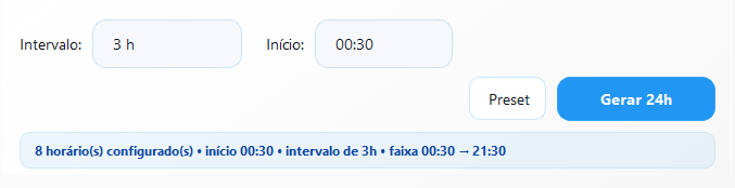 Área da agenda com Intervalo de 3 h, Início 00:30, o botão Gerar 24h e o resumo de 8 horários configurados