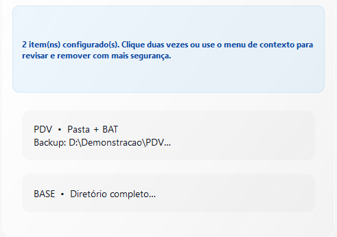 Lista com dois itens de backup: PDV no modo Pasta + BAT com o caminho, e BASE no modo Diretório completo