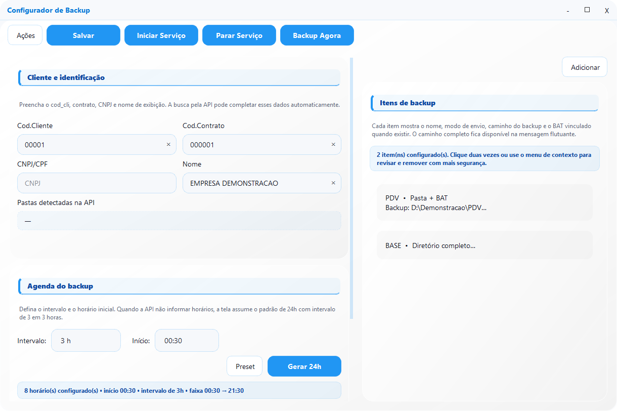 Tela Configurador de Backup com os dados do cliente à esquerda, a agenda abaixo e a lista de itens a direita