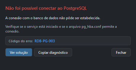 Dialogo de erro do RestauraDB mostrando o código RDB-PG-003 e os botões Ver solução, Copiar diagnóstico e Fechar