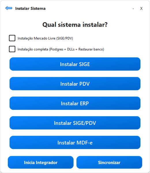 Tela Instalar Sistema com as opções Instalação Mercado Livre e Instalação completa acima dos botões de cada sistema