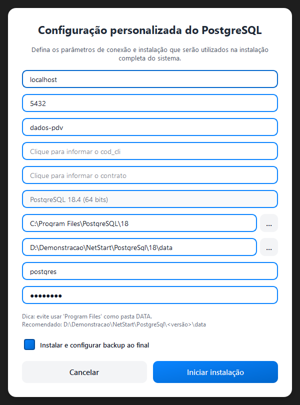 Janela Configuração personalizada do PostgreSQL com host, porta, nome do banco, código do cliente, contrato, versão, pastas de instalação e dados, usuário e senha