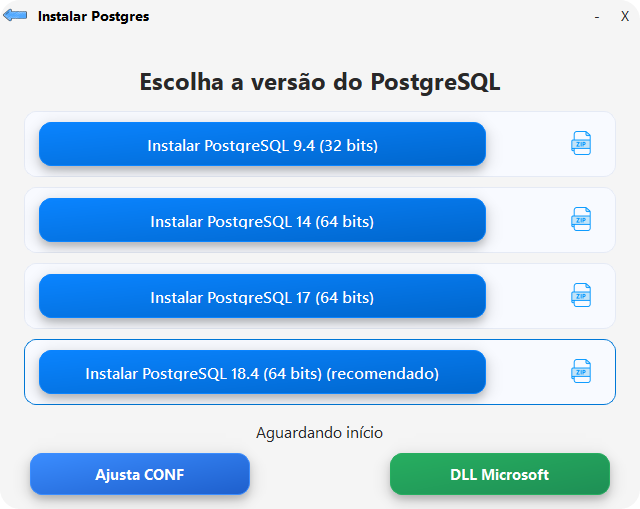 Tela Instalar Postgres com as versões 9.4, 14, 17 e 18.4, os ícones ZIP por versão e os botões Ajusta CONF e DLL Microsoft