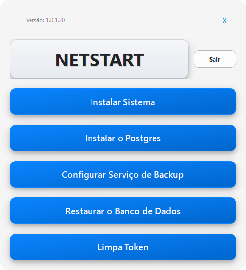 Tela principal do RestauraDB com os botões Instalar Sistema, Instalar o Postgres, Configurar Serviço de Backup, Restaurar o Banco de Dados e Limpa Token
