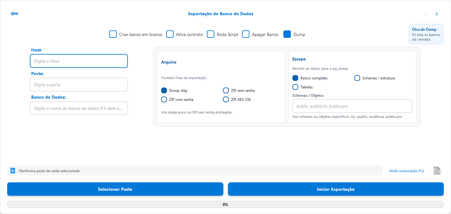 Modo Dump com o painel Arquivo mostrando Dump .bkp, ZIP sem senha, ZIP com senha e ZIP AES-256, e o painel Escopo com Banco completo, Schemas / estrutura e Tabelas