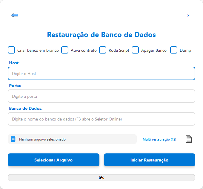 Tela Restauração de Banco de Dados com as opções Criar banco em branco, Ativa contrato, Roda Script, Apagar Banco e Dump, e os campos Host, Porta e Banco de Dados